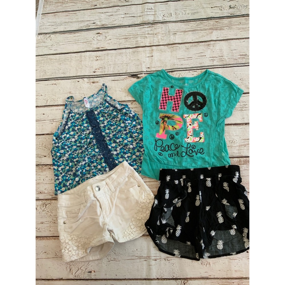 Justice Girls Lot Size 8 Hope Tee Floral Tank White Lace Pineapple Shorts